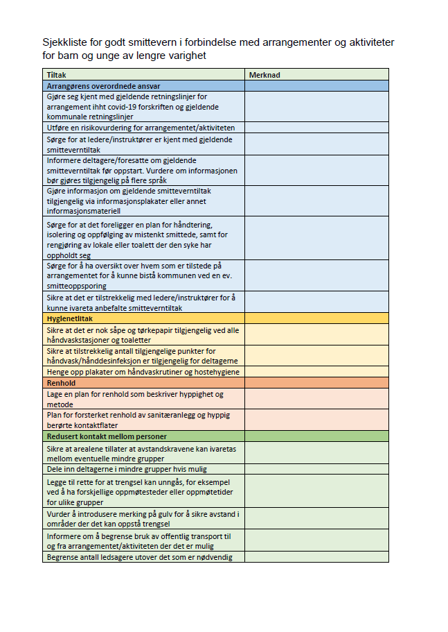 Risikovurdering og sjekkliste for gjennomføring av arrangementer - Forside